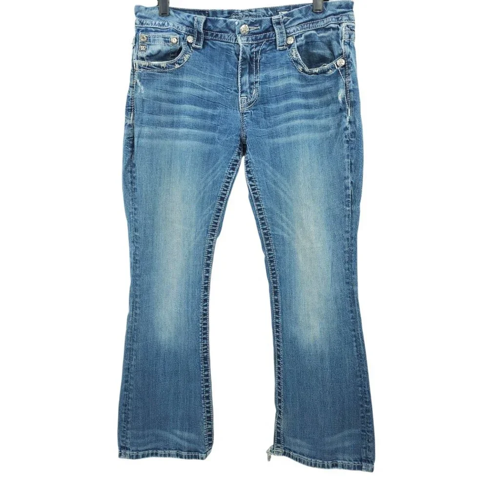 Miss Me Jeans Mid Rise Easy Boot Cut Faux Flap Size 30x29 READ Stretch Med Wash